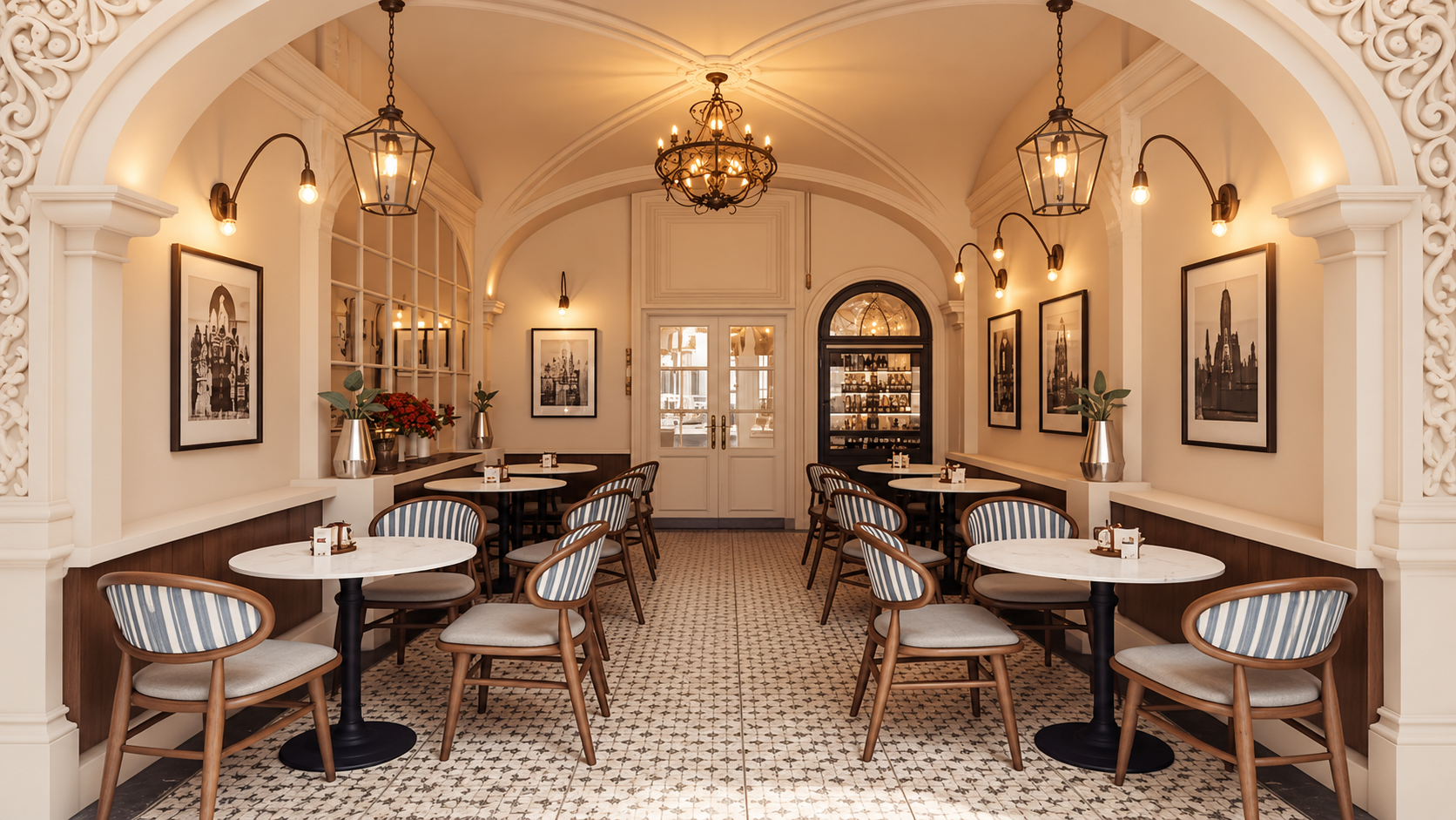 Elegant symmetrical European café interior with bistro seating in Dubai